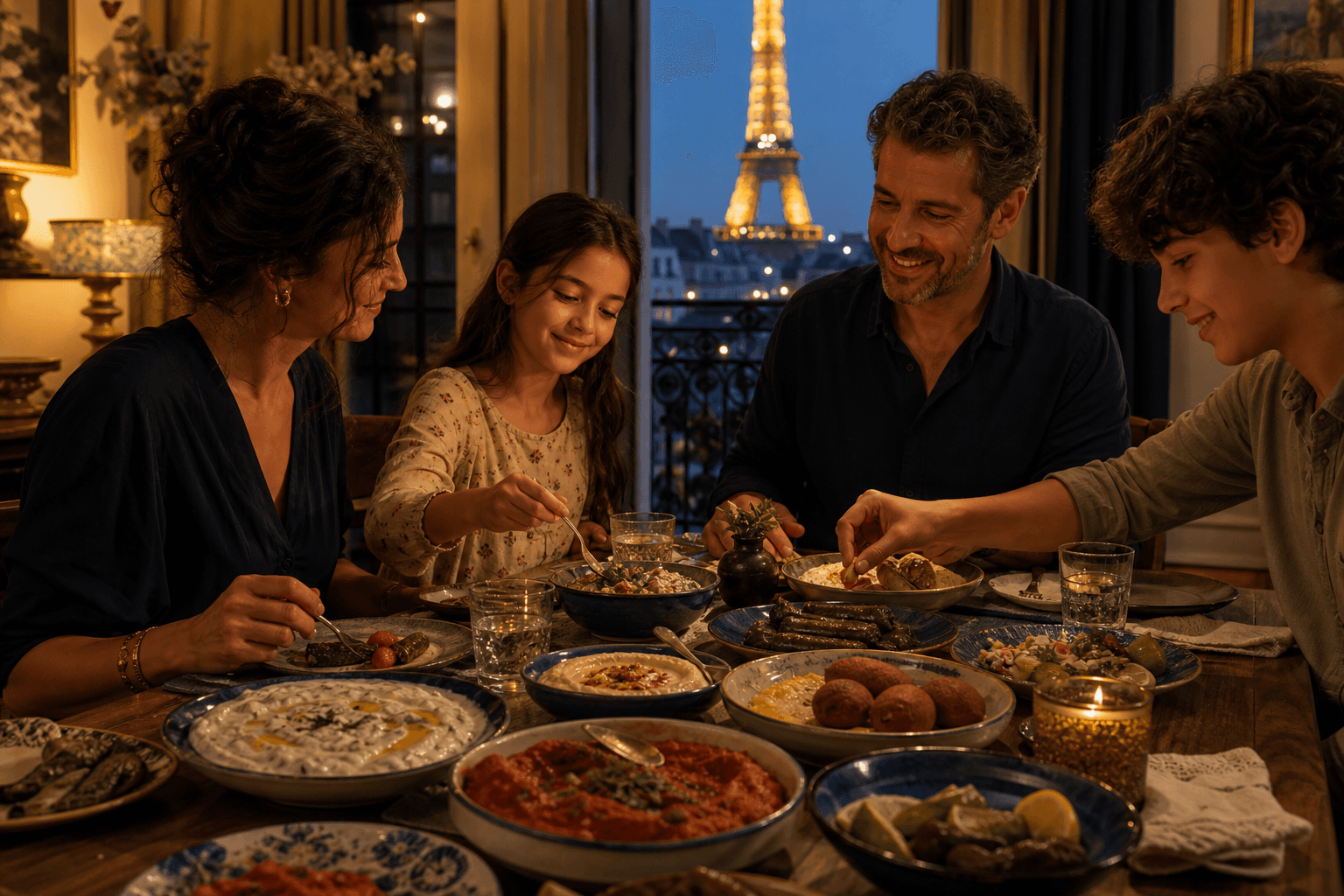 Paris'te bir aile sofrası — Türk mezeleri ve pencereden Eyfel